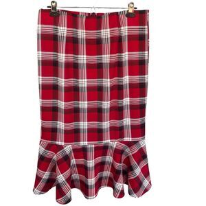 Messini Midi Skirt Womens Large Red Plaid Pull On‎ Officecore Ruffle Stretch